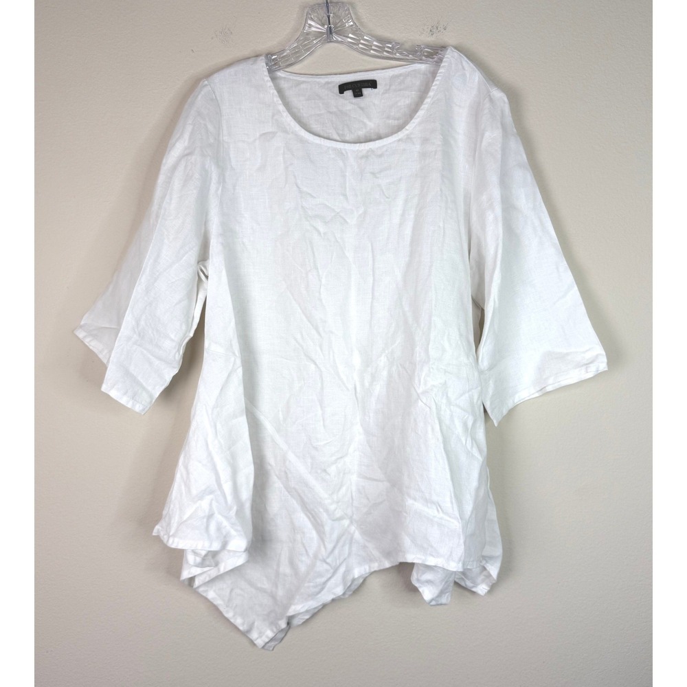 For Cynthia Top Women Medium White Linen Asymmetrical Sharkbite Hem 3/4 Sleeve